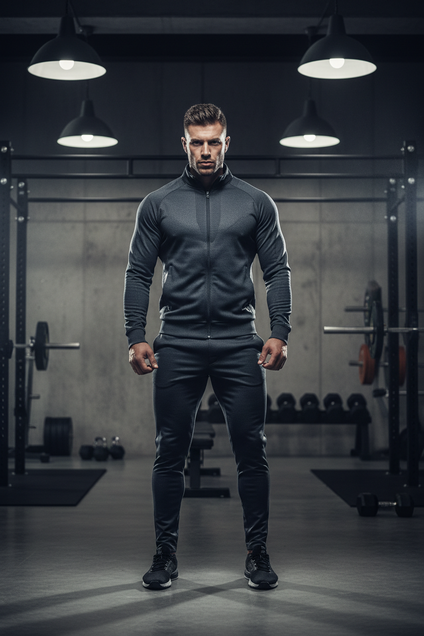 ALORIA Men's Casual Sportswear Set — athletic model in gym, dramatic moody lighting