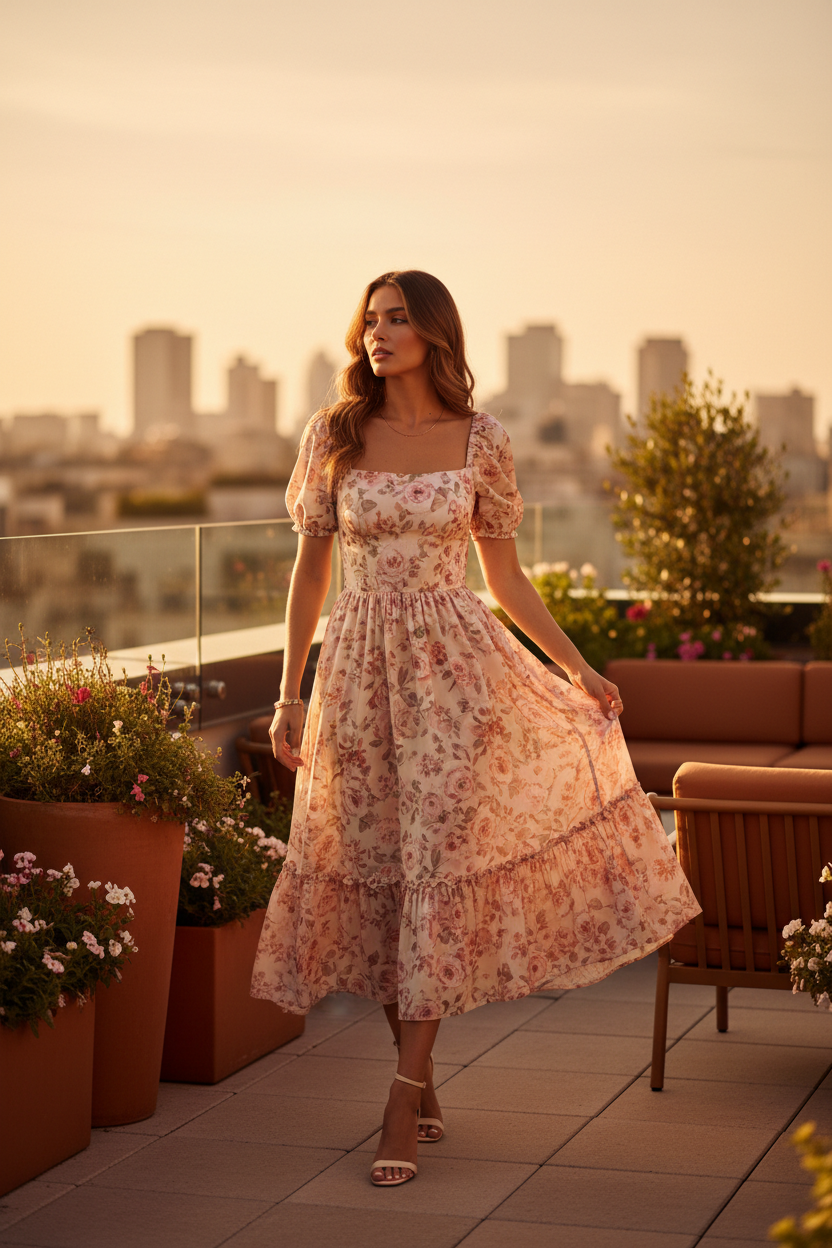 ALORIA Floral Puff-Sleeve Midi Dress — editorial lifestyle shot, warm amber tones, rooftop terrace