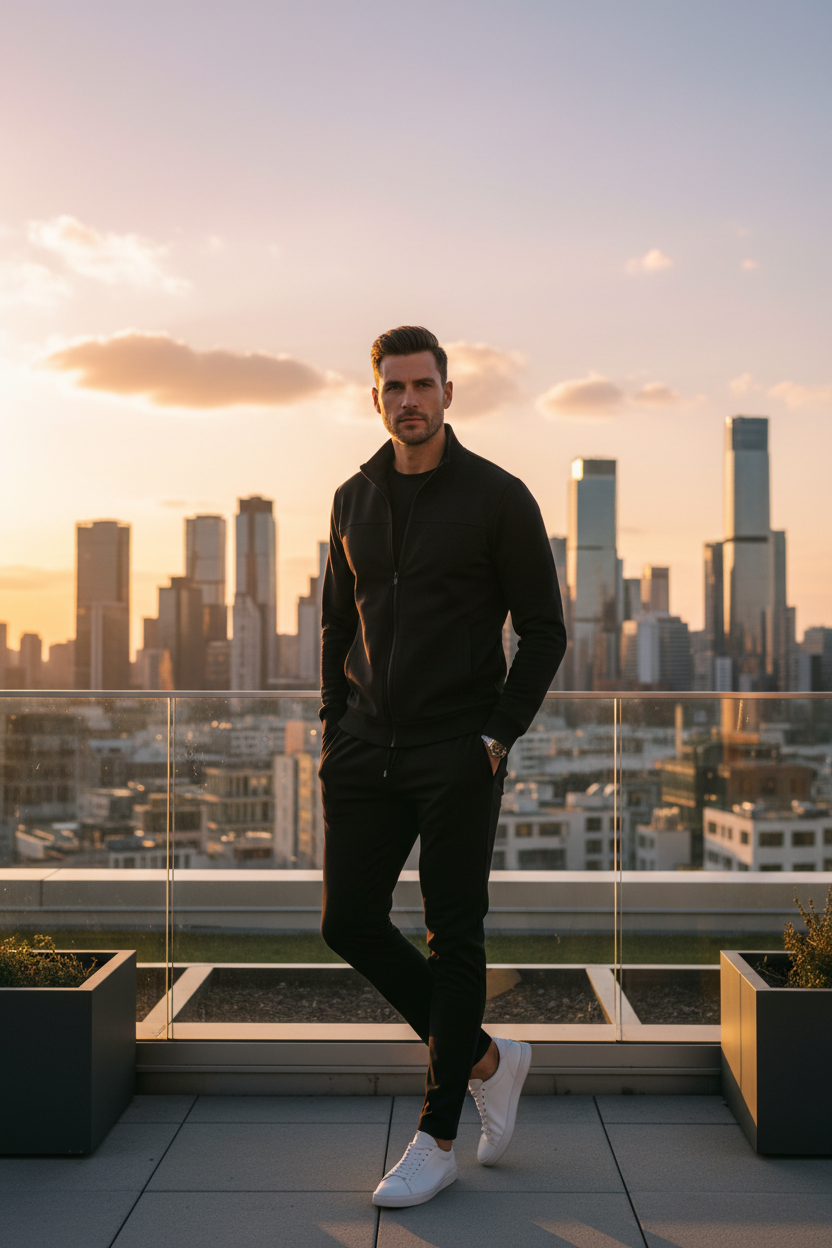 ALORIA Men's Casual Sportswear Set — rooftop lifestyle shot, golden hour city skyline