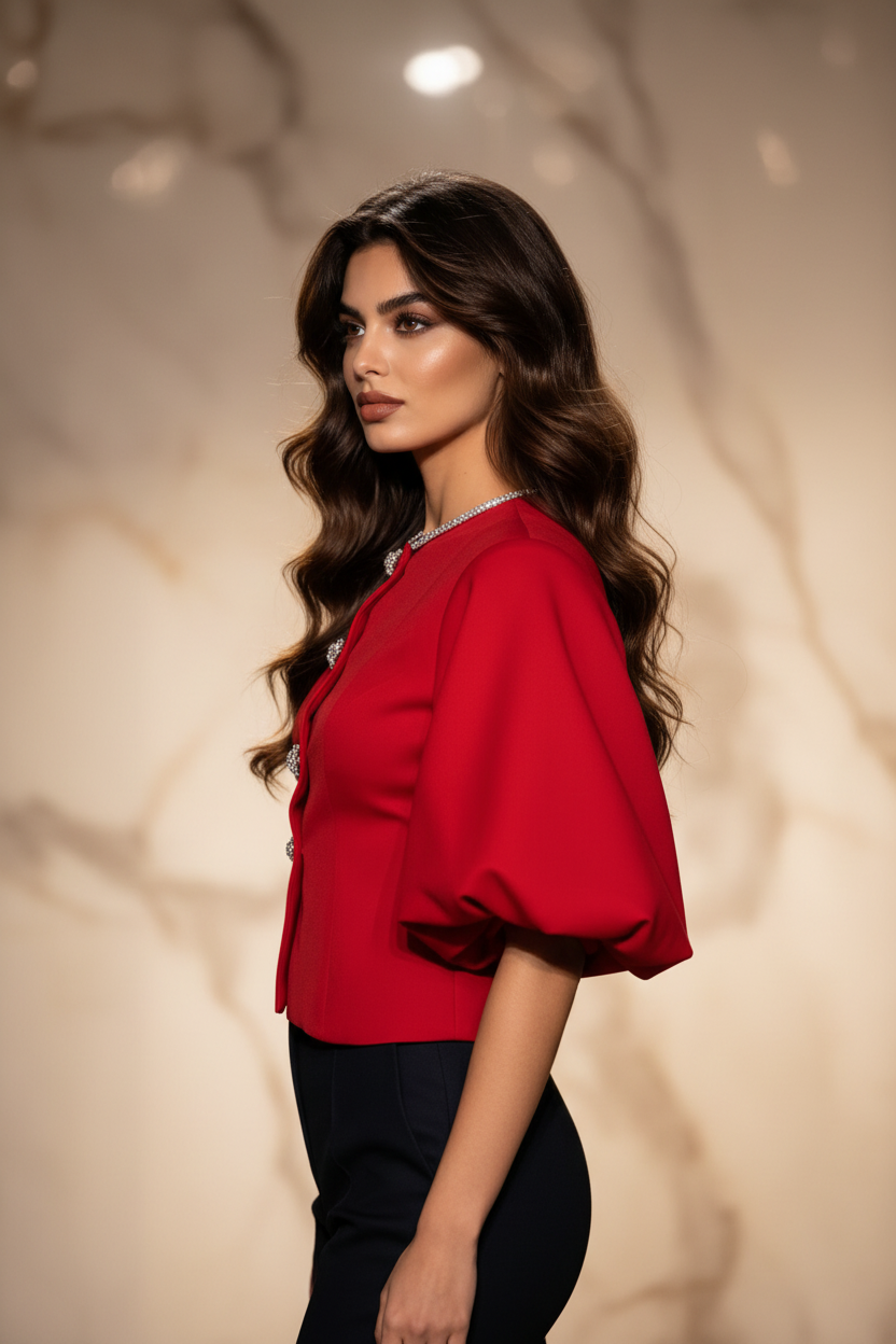 Lantern-Sleeve Jewel-Button Crop Top